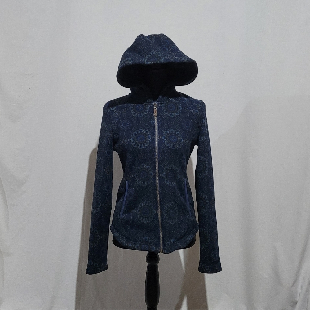 Sherpa jacket hoodie coat mid layer athletic outdoor paisley sustainable blue